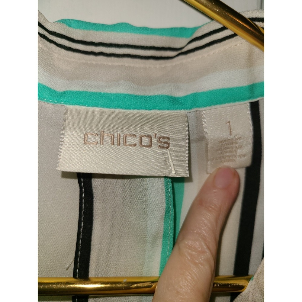 Chicos Button Up Stripe Blouse Tunic Buttons Sz 1 Career Aqua Green Black - Picture 4 of 7